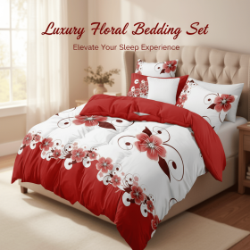 Red White Floral Duvet Cover Set 5-Piece, Queen Size - Includes Duvet Cover with Ties (Color: Red White Floral, size: California King)