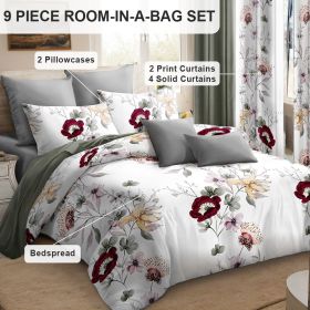 Quilted Bedspread & Curtain Set 9 Piece, Queen Size - Bedding Ensemble with Sheer Filtering Drapes, 1.6" Grommet Top, Machine Washable (Color: Green/White Flowers, size: CAL KING)