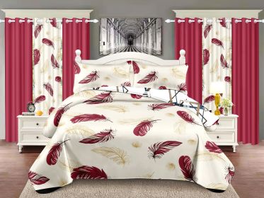 Quilted Bedspread & Curtain Set 9 Piece, Queen Size - Bedding Ensemble with Sheer Filtering Drapes, 1.6" Grommet Top, Machine Washable (Color: Red, size: QUEEN)