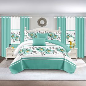 Quilted Bedspread & Curtain Set 9 Piece, Queen Size - Bedding Ensemble with Sheer Filtering Drapes, 1.6" Grommet Top, Machine Washable (Color: green rose, size: TWIN)